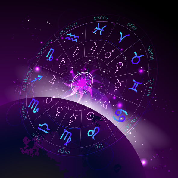 Vector illustration of Horoscope circle in perspective, Zodiac signs and pictograms astrology planets against the space background with sunrise and geometry pattern. In blue and purple colors.