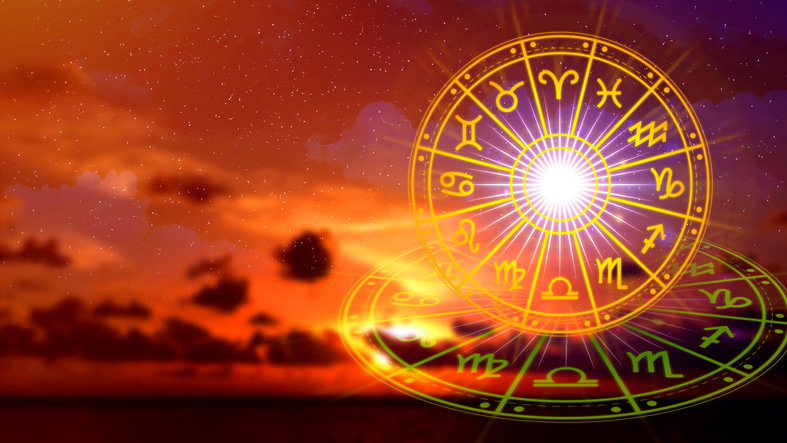 Concept of astrology and horoscope, person inside a zodiac sign wheel, Astrological zodiac signs inside of horoscope circle, Astrology, knowledge of stars in the sky, power of the universe concept.